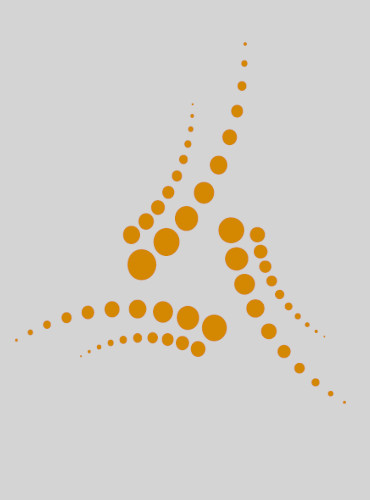 Abstrakt design med tre böjda linjer av varierande orange cirklar som strålar ut från en central punkt på en ljusgrå bakgrund.